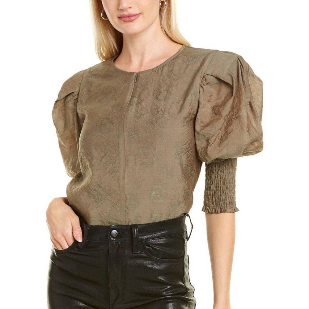 NWT Rebecca Minkoff Women's ARMY GREEN Geneva Puff Sleeve Blouse XS